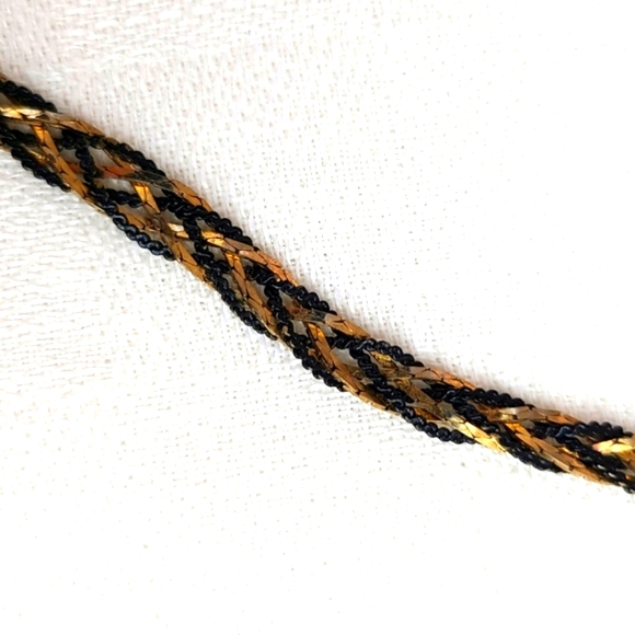 Vintage Goldtone and Black Metal Braided Herringbone Chain Necklace Korea - Picture 8 of 10